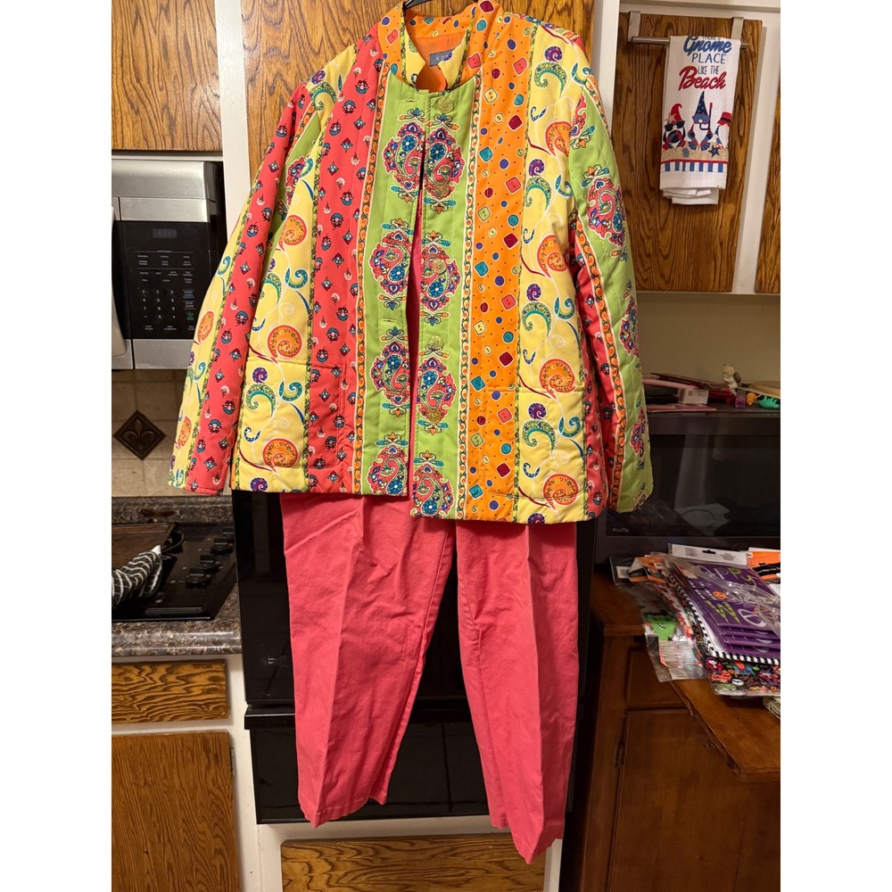 Koret Womens Large Quilted Patchwork Paisley Jacket and Coral Pant Set